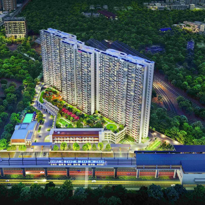 Mahindra Blossom from above, its towers and gardens beside the metro line