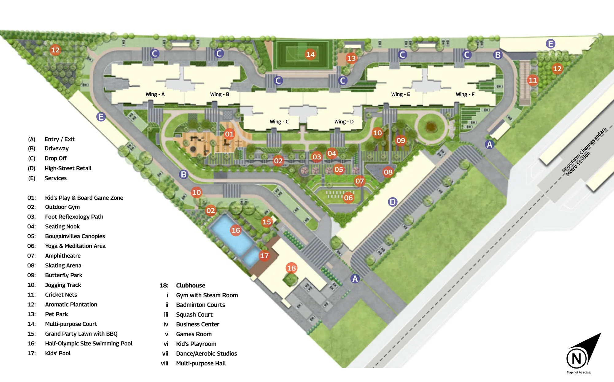 Master plan of Mahindra Blossom with Wings A to F around a central garden, the pool, the clubhouse and a legend of amenities