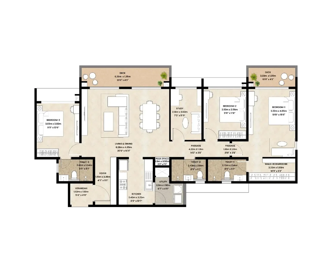 3.5 BHK floor plan with three bedrooms, a study, a living and dining room opening onto decks, a kitchen, a utility and three toilets