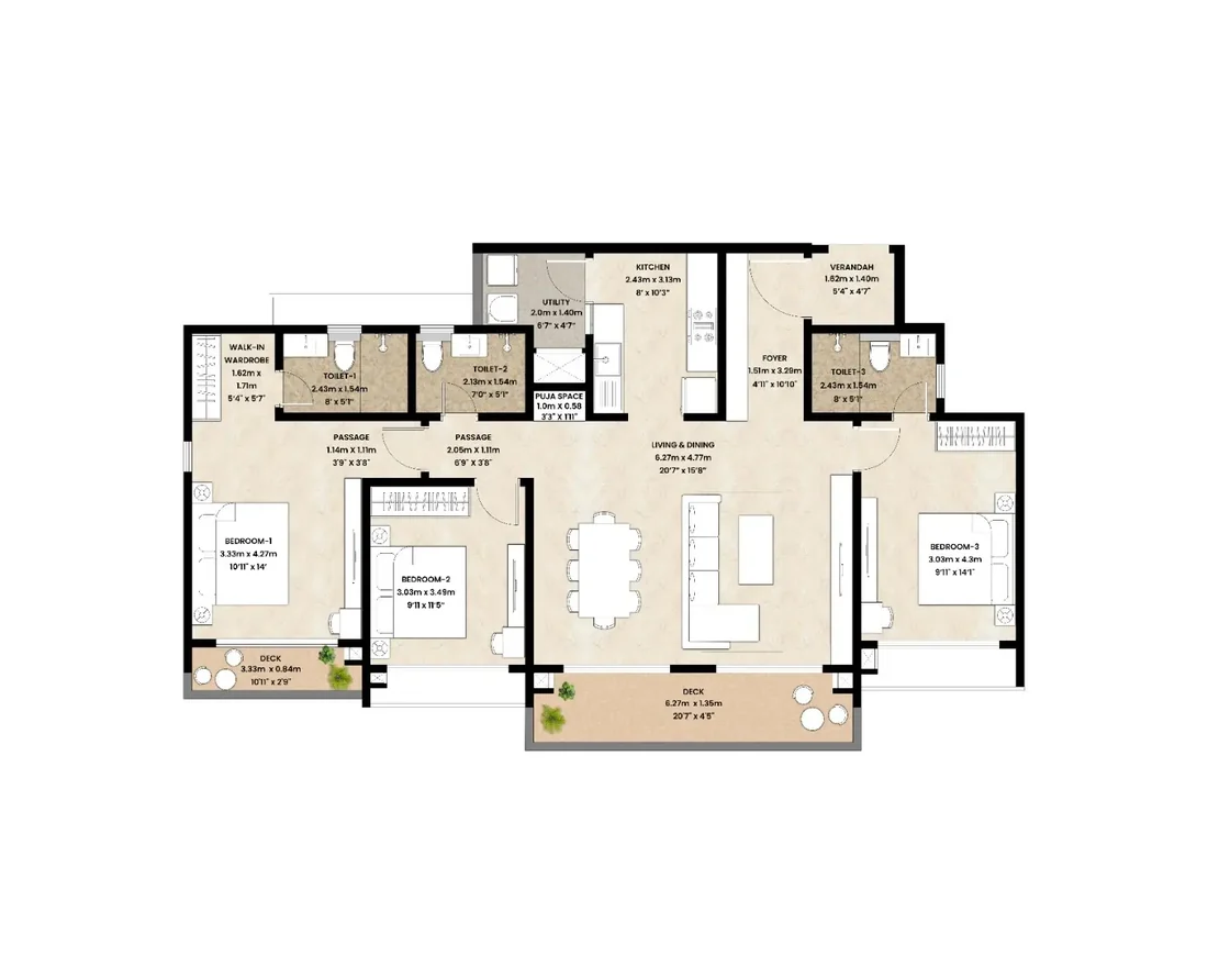 3 BHK floor plan with three bedrooms, a living and dining room, a kitchen, a utility and decks