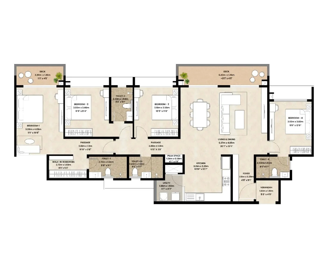4 BHK floor plan with four bedrooms, a living and dining room opening onto decks, a kitchen, a utility and four toilets