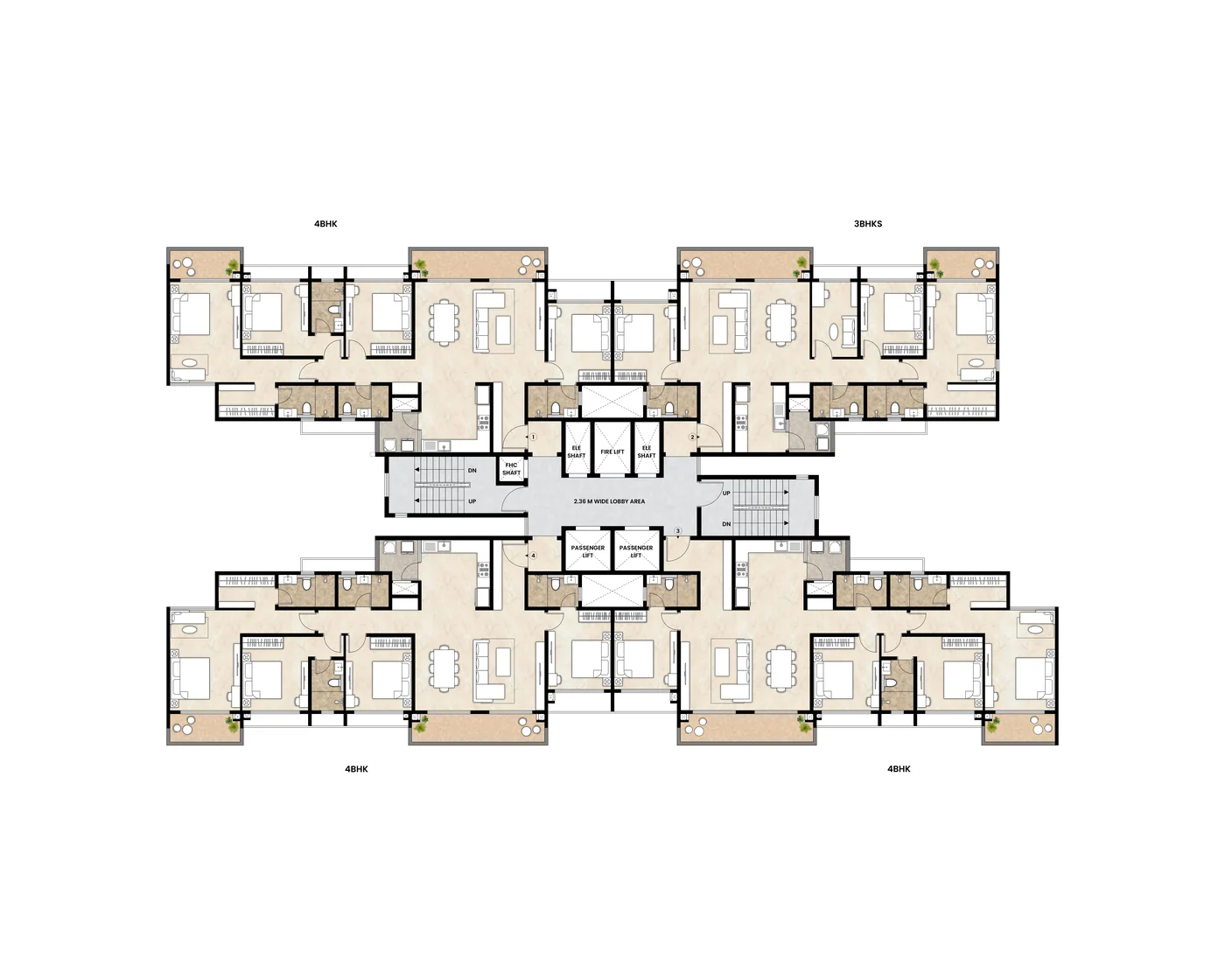 Wing A typical floor plan with eight homes around two lift lobbies
