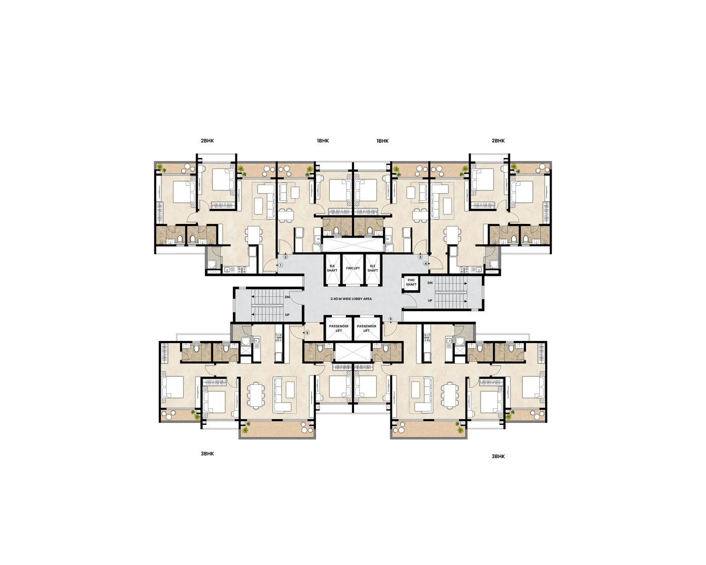 Wing B typical floor plan with homes around two lift lobbies